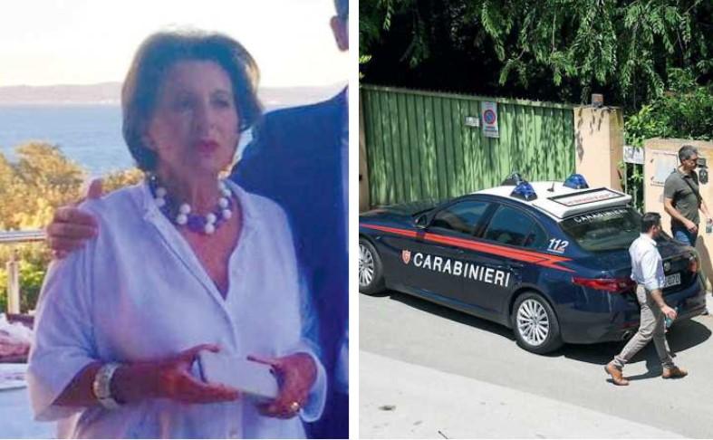 Giuseppina De Francesco, la donna uccisa a Istia d’Ombrone. E a destra i carabinieri fuori dalla villa in cui la donna è stata trovata morta (foto Agenzia Bf)