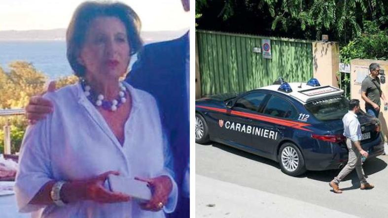 Giuseppina De Francesco, la donna uccisa a Istia d’Ombrone. E a destra i carabinieri fuori dalla villa in cui la donna è stata trovata morta (foto Agenzia Bf)