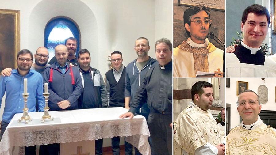 Il "gruppo" del Seminario diocesano, a destra partendo dall'alto in senso orario Don Marco Gentile, Don Andrea Pieri, il diacono Claudio Bianchi e il diacono Simone Castellucci