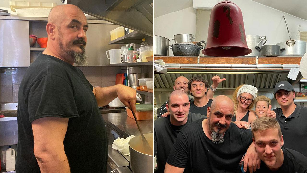 Daniele Concas ai fornelli e, a fianco, la “squadra” del ristorante Il Fischietto