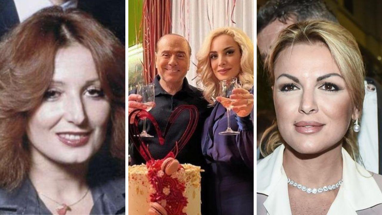 A sinistra la prima moglie di Berlusconi, Carla Elvira Dall’Oglio, al centro il Cavaliere con la compagna Marta Fascina, a destra Francesca Pascale