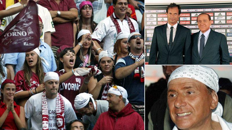 Livorno e Berlusconi: lo sbarco di Azzurra, le battute su Allegri e le bandane a San Siro dei tifosi