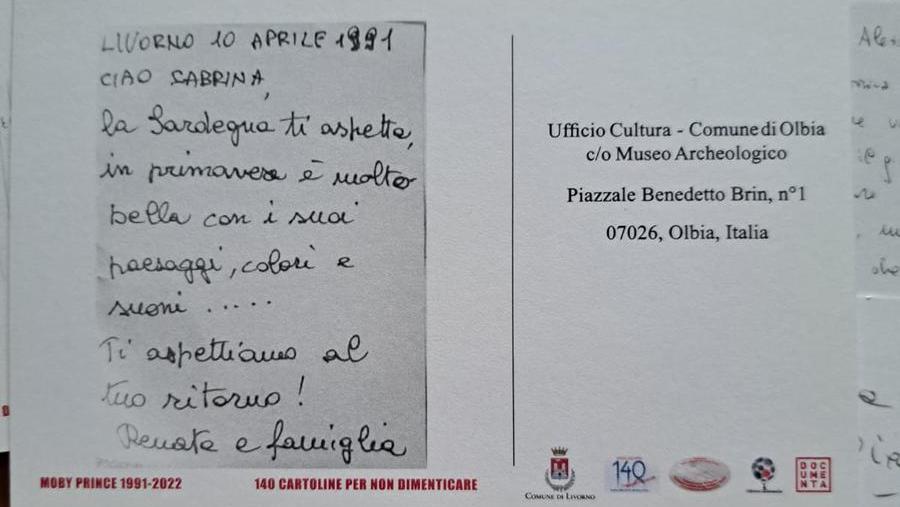 Una delle cartoline spedite alle vittime del Moby Prince