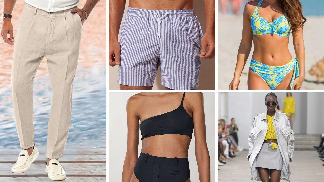 A sinistra il pantalone con la piega; in alto da sinistra il costume da uomo "millerighe" e il bikini con ferretto; in basso da sinistra il bikini a vita alta di Patrizia Pepe e l'ultima creazione di Ermanno Scervino da sfoderare nei giorni di pioggia