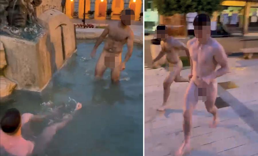 Cecina, si tuffano nudi nella fontana: il video virale. Chi sono i due giovani identificati