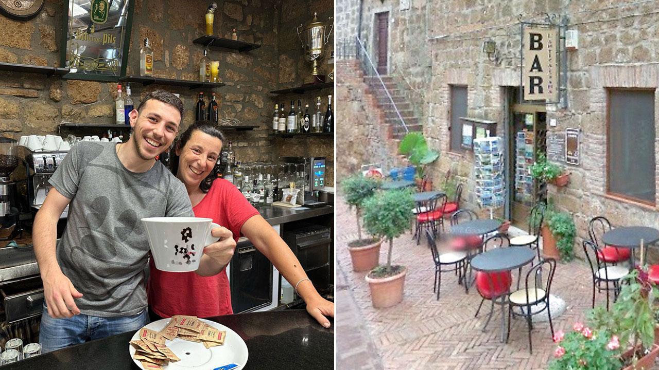Davide Denci con Simona Stefani, a destra il bar Antica Sovana