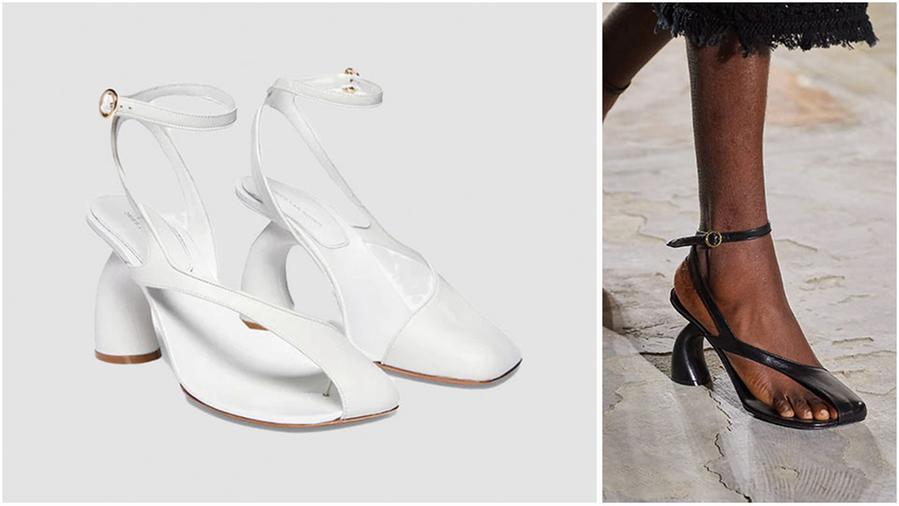 Alcuni esempi di sandali “nascondino”: sono asimmetrici, con il cinturino alla caviglia e il tacco alto (nelle foto i sandali di Dries Van Noten)
