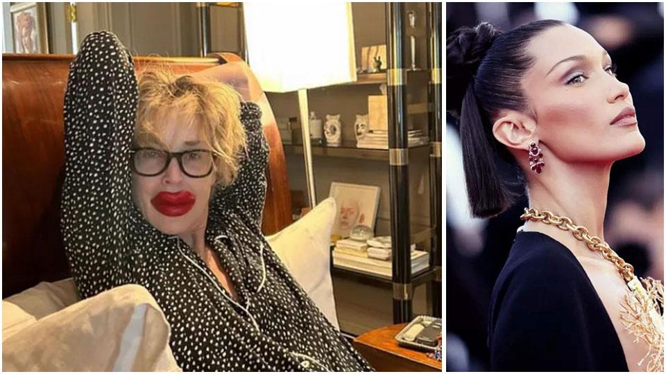 Sharon Stone gioca con i filtri e ne esce con due buffe labbra extralarge per sottolineare le esagerazioni dei ritocchi estetici e la modella Bella Hadid all’ultimo Festival di Cannes