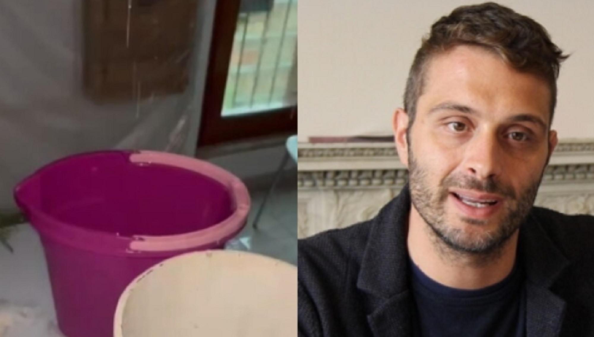 A sinistra i secchi utilizzati dalla famiglia Pozzi per tamponare l'emergenza. A destra l'assessore al sociale del Comune di Livorno, Andrea Raspanti