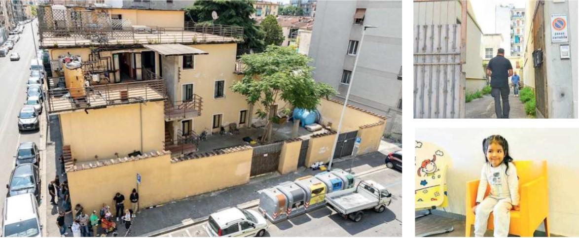 Nella foto grande l’ex hotel Accanto, il sopralluogo in un palazzo di via Monteverdi e la piccola Kataleya Alvarez