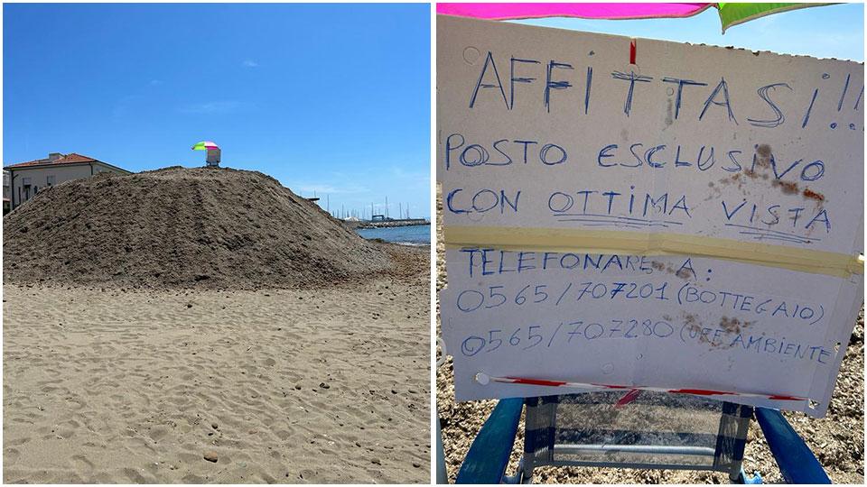 L’installazione e il cartello installati sulla cima del cumulo in cui è stoccata parte della posidonia spiaggiata