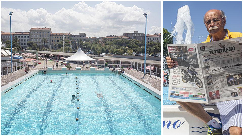 Gianfranco Giachetti con il Tirreno davanti all’ingresso dei Bagni Tirreno e una delle tre piscine dello stabilimento