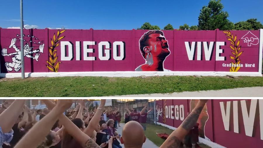 
	Il murale in ricordo di Diego Savelli all'interno dello stadio&nbsp;e il momento dell'inaugurazione durante la festa degli ultras del Pontedera&nbsp;

