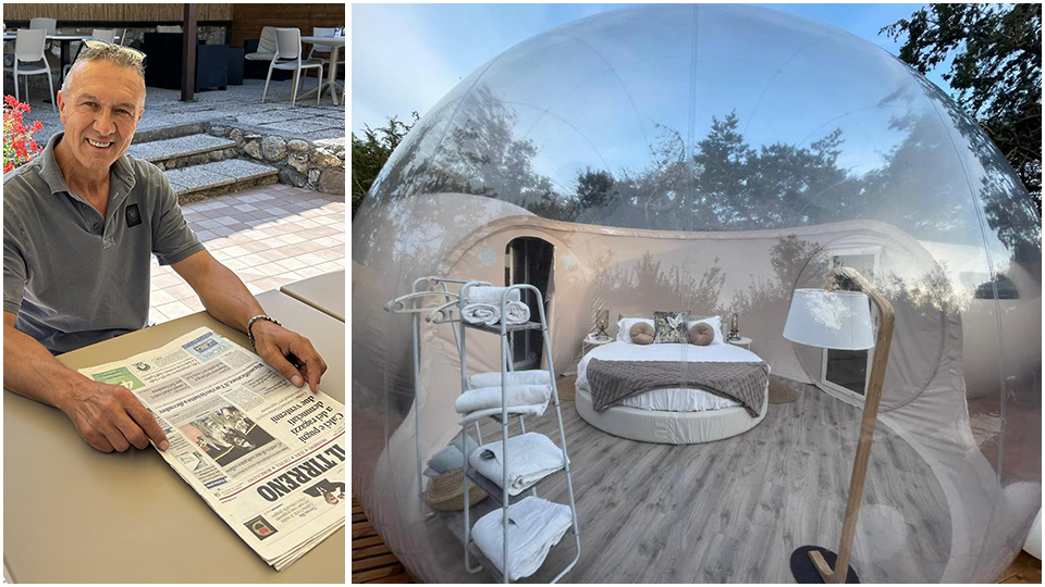 il titolare del campeggio e dello stabilimento Claudio Galassi e la bubble room del camping Casa di Caccia dove si dorme sotto le stelle