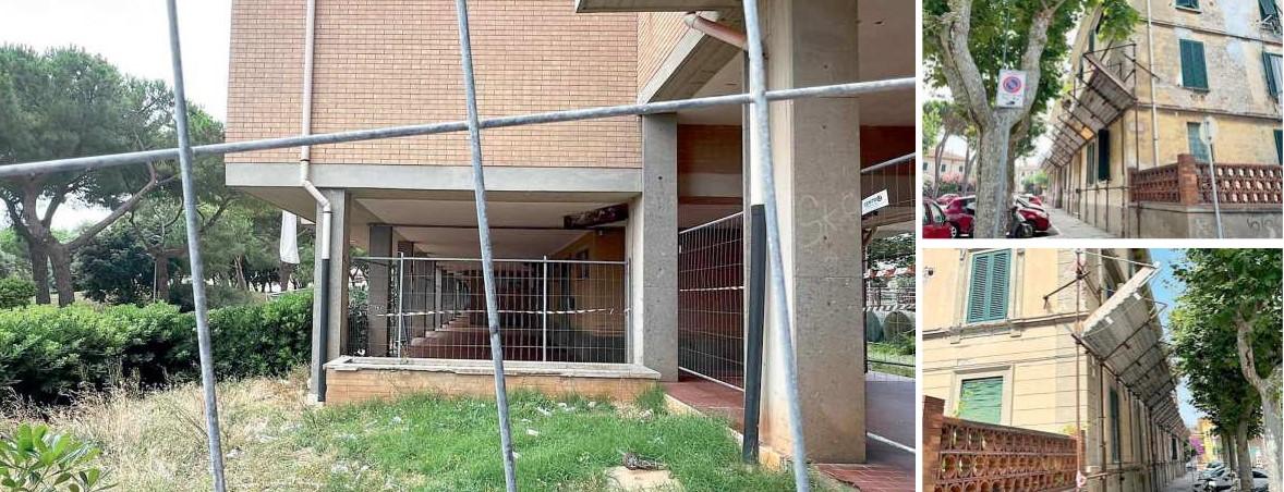 Da sinistra totalmente transennati portico e giardino del condominio tra via di Vittorio e via Togliatti i due palazzi Casalp da via Colombo 1