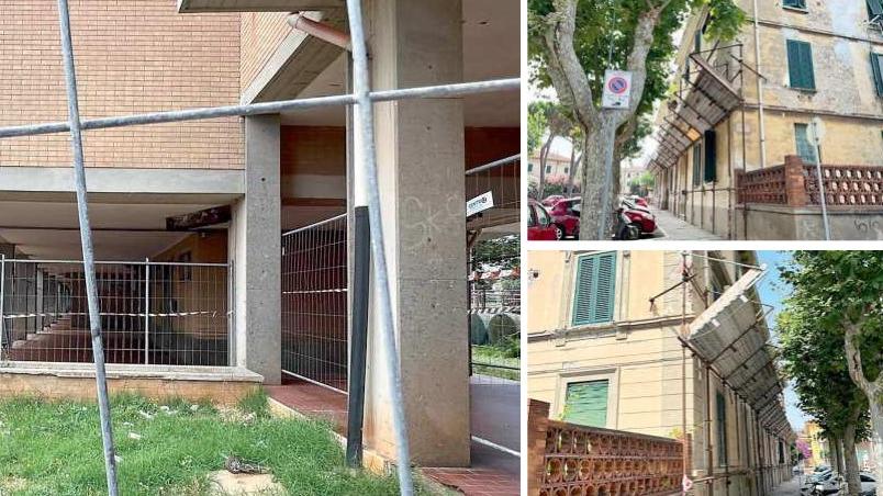 Da sinistra totalmente transennati portico e giardino del condominio tra via di Vittorio e via Togliatti i due palazzi Casalp da via Colombo 1