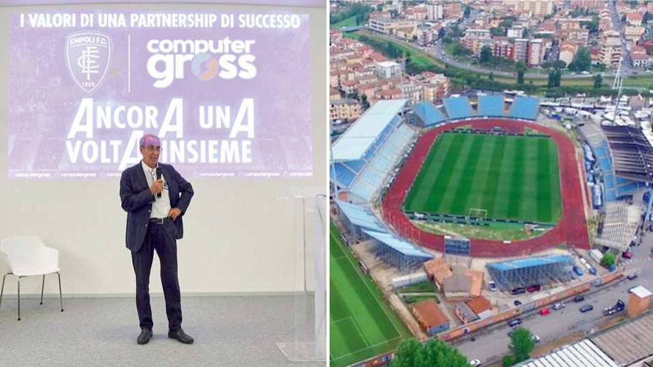 Paolo Castellacci presidente di Computer Gross annuncia il rinnovo della sponsorizzazionene triennale della sua azienda all’Empoli calcio e una veduta dall'alto dello stadio