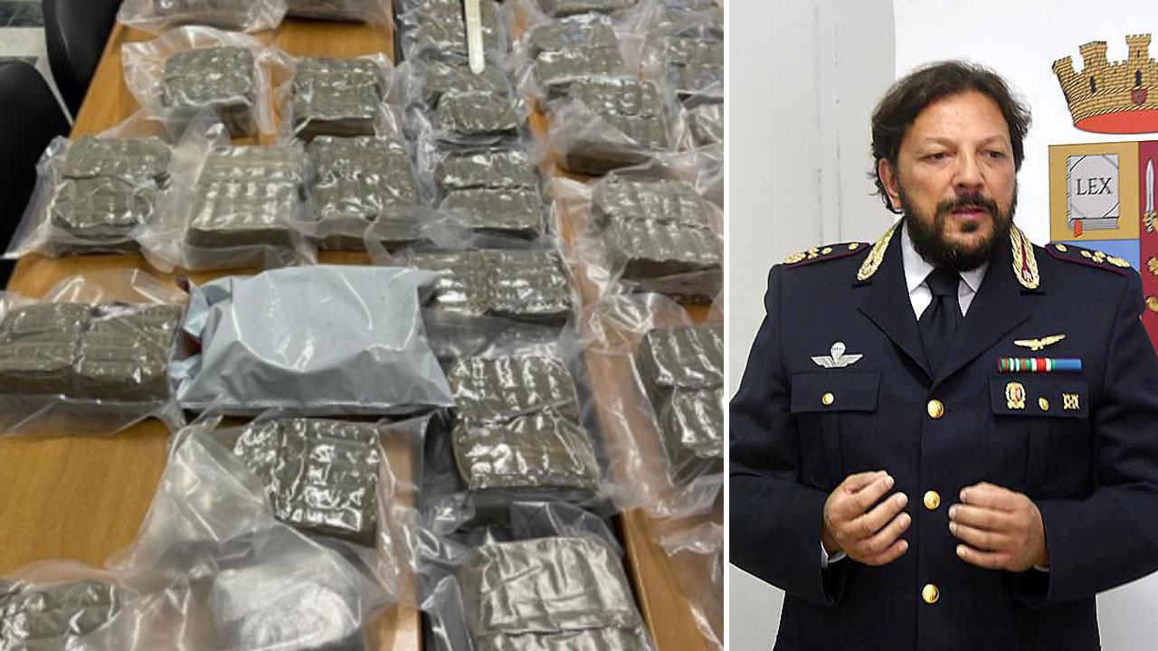 Una parte della droga sequestrata e Antonio Dulvi Corcione, vice questore vicario e capo della squadra mobile