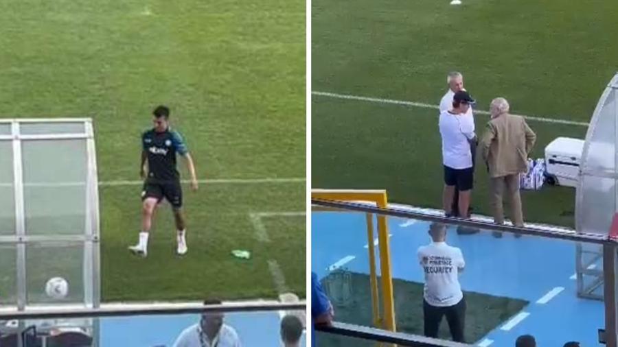 
	A sinistra la pallonata rabbiosa di Lozano a fine allenamento; a destra il colloquio a bordo campo tra De Laurentiis, il diesse Meluso e mister Garcia&nbsp;

