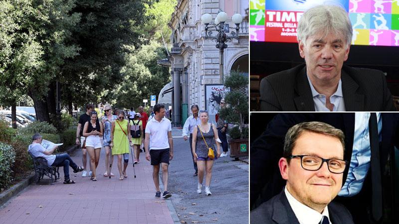 Turisti nel centro di Montecatini (foto Nucci). In alto l’ex assessore Bruno Ialuna e sotto il presidente di Federalberghi Apam Carlo Bartolini