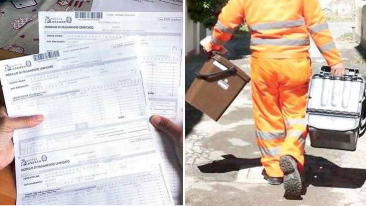 Modelli per il pagamento della Tari e una fase della raccolta dei rifiuti