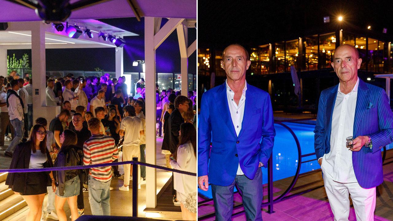 Un momento della serata inaugurale della discoteca ed i i gemelli Alessandro e Massimo Calugi, titolari del locale (foto Nucci)