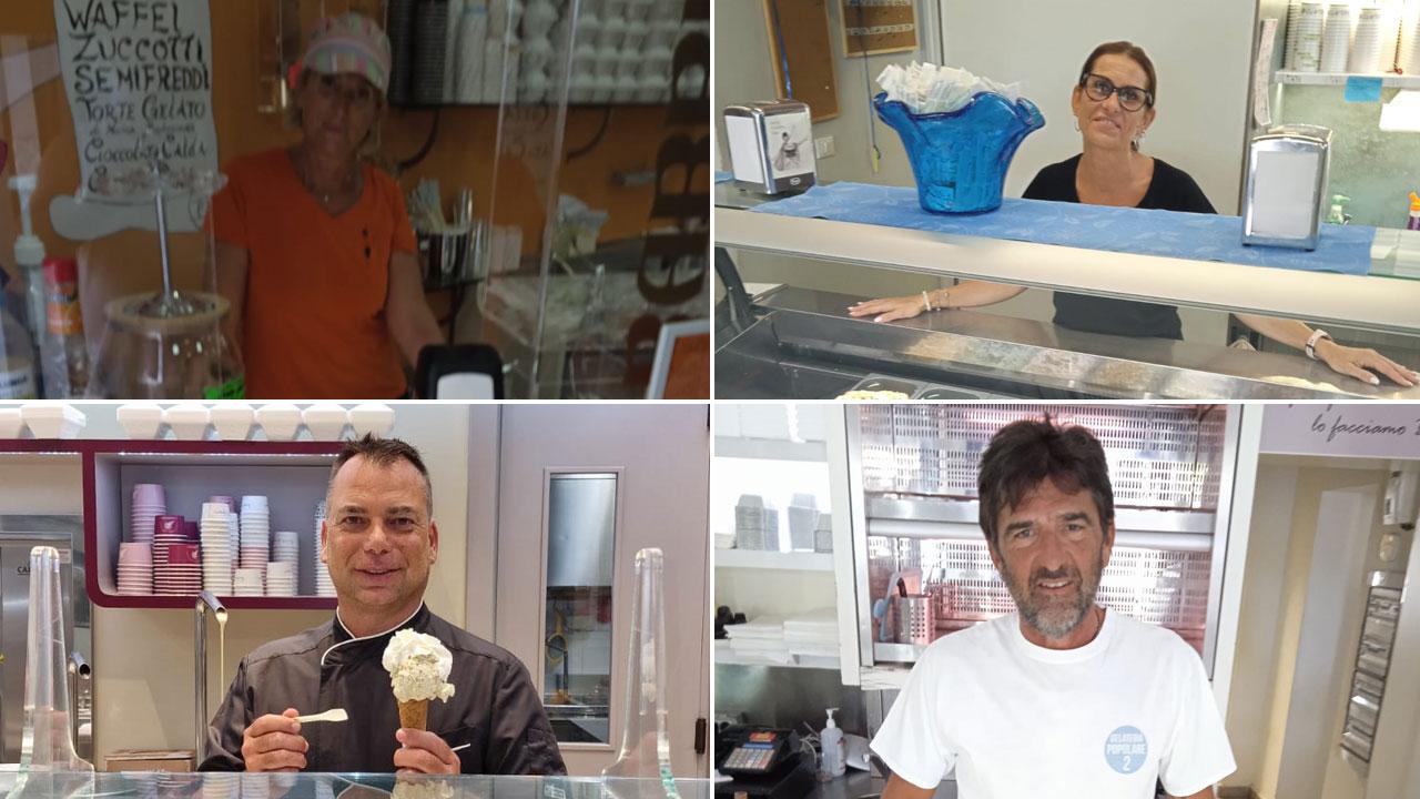 Dall'alto in senso orario Elisabetta Vernassa (Gelateria Fiordilatte) ed Ilenia Parri (Baracchina Azzurra); Luca Saltarelli (Gelateria Popolare) e Michele Gasparri (Yogurteria Fiori Rosa)