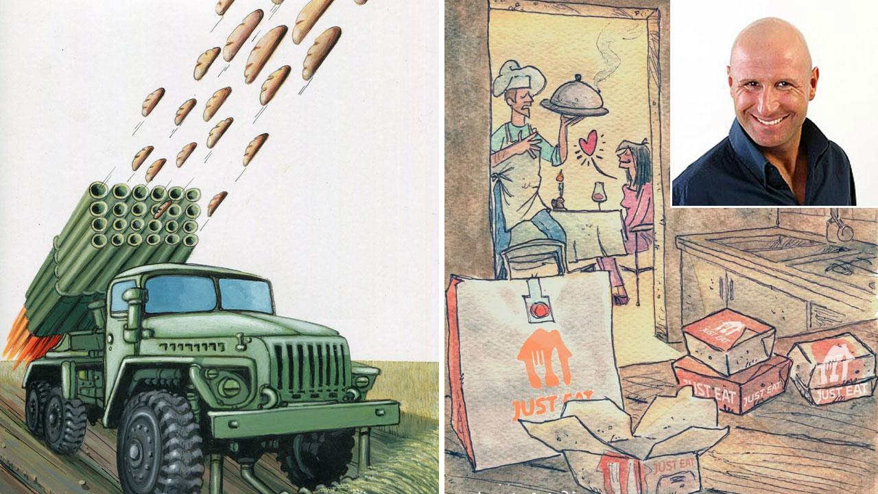 A sinistra la vignetta di Luka Lagator e a fianco quella di Luca Garonzi, nella foto piccola David Pratelli comico e imitatore pontederese che presiederà oggi la giuria in piazza alle Piastre
