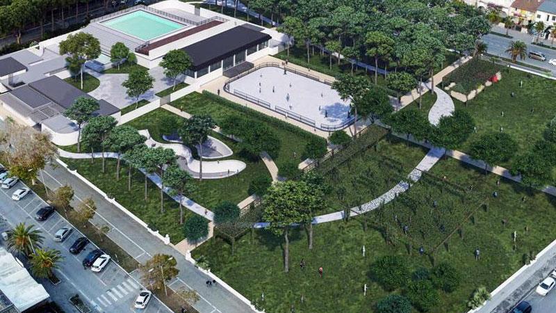 Un rendering della cittadella dello sport che il Comune vuole realizzare al parco della Caravella 