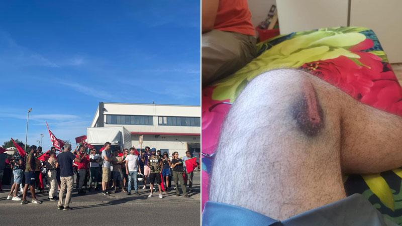 La manifestazione di ieri davanti alla Acca e alcune delle ferite riportate dall’ultimo operaio aggredito