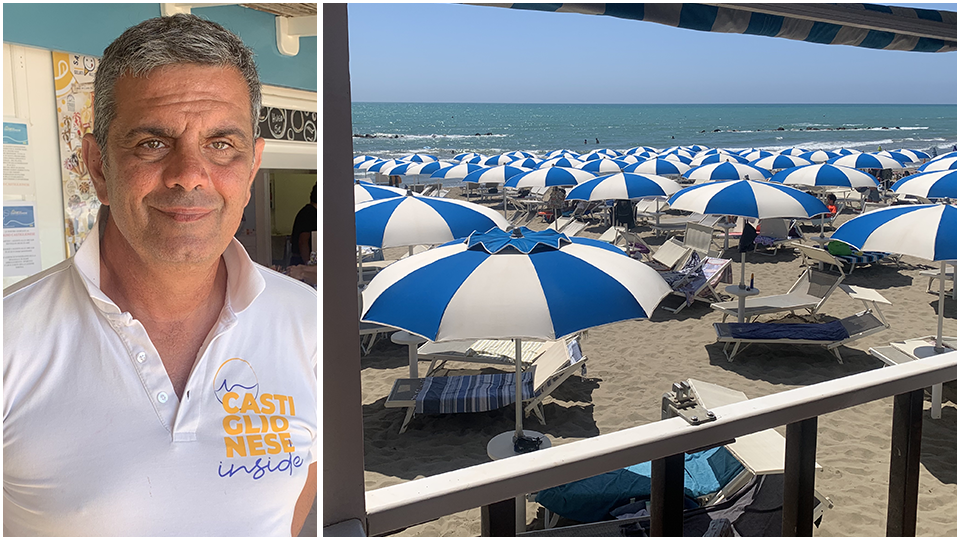 Gianluca Ricci, titolare dello stabilimento affiliato a Confcommercio e gli ombrelloni del Bagno Castiglionese a Castiglione della Pescaia