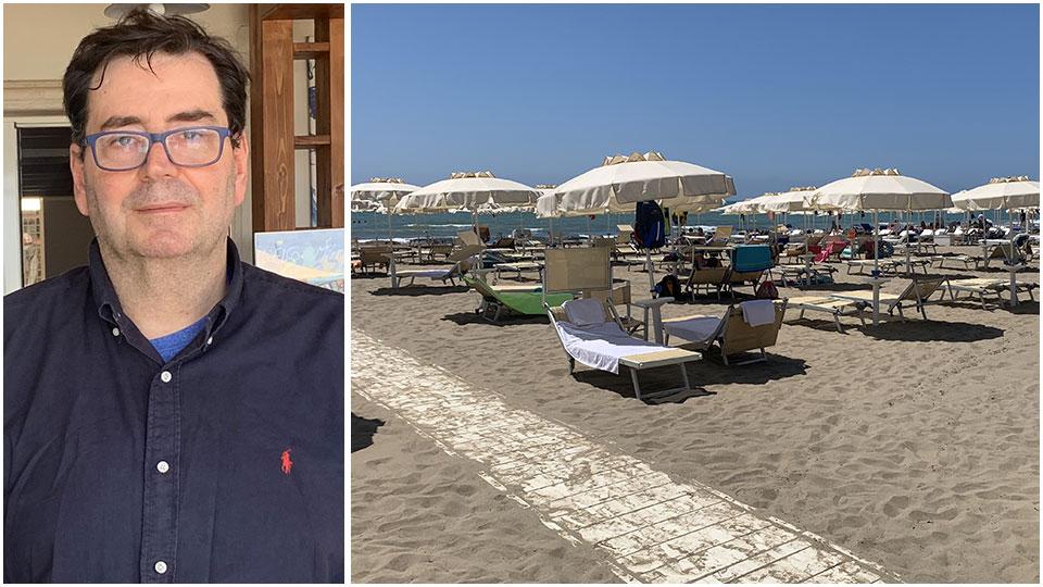 Paolo Pieraccini, presidente dell’Acot, e lo stabilimento balneare sulla spiaggia dell'Hotel Miramare a Castiglione della Pescaia