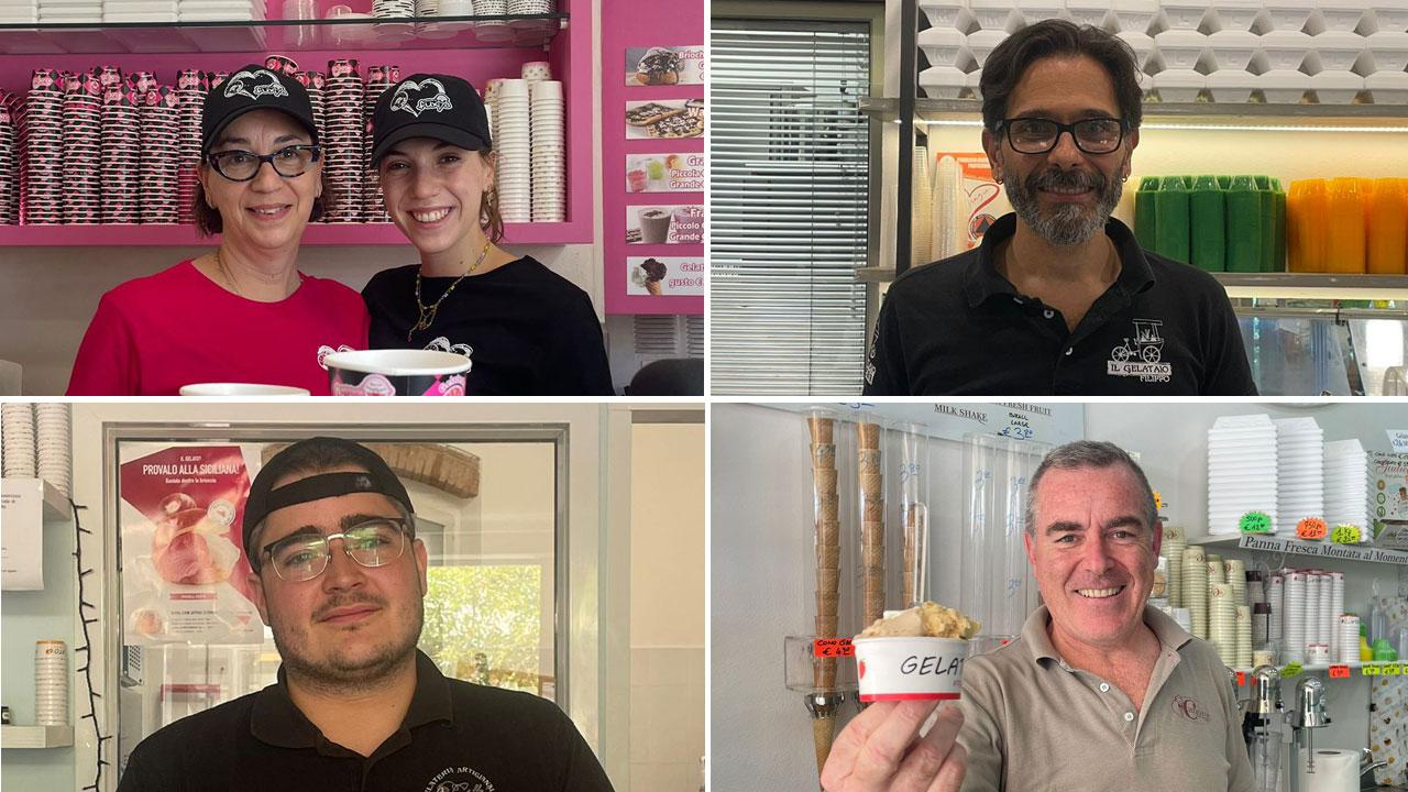 In alto a sinistra Cecilia Vangelisti e Chiara Passanante (gelateria Slap-bar Fuxia), Filippo Fabbri (gelateria da Filippo?. Sotto Marco Mazzanti (Bottteghina del gelato e caffè Massimo) e Giampaolo Pagnini (Le Carapine)