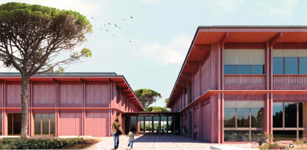 Il rendering per la futura scuola di via Monte Bianco
