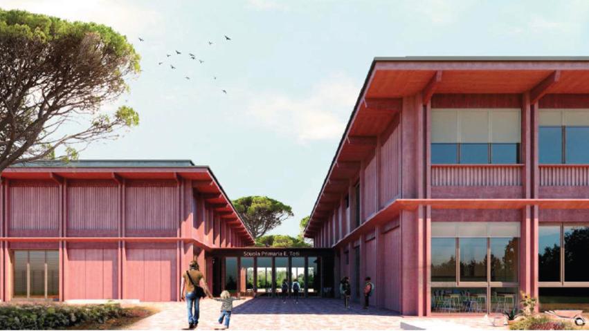 Il rendering per la futura scuola di via Monte Bianco
