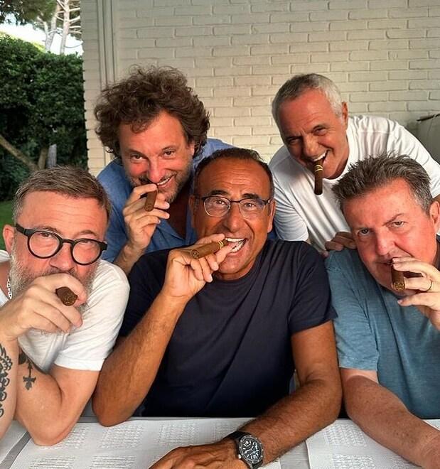 Da sinistra: Marco Masini, Leonardo Pieraccioni, Carlo Conti, Giorgio Panariello e Giancarlo Monti