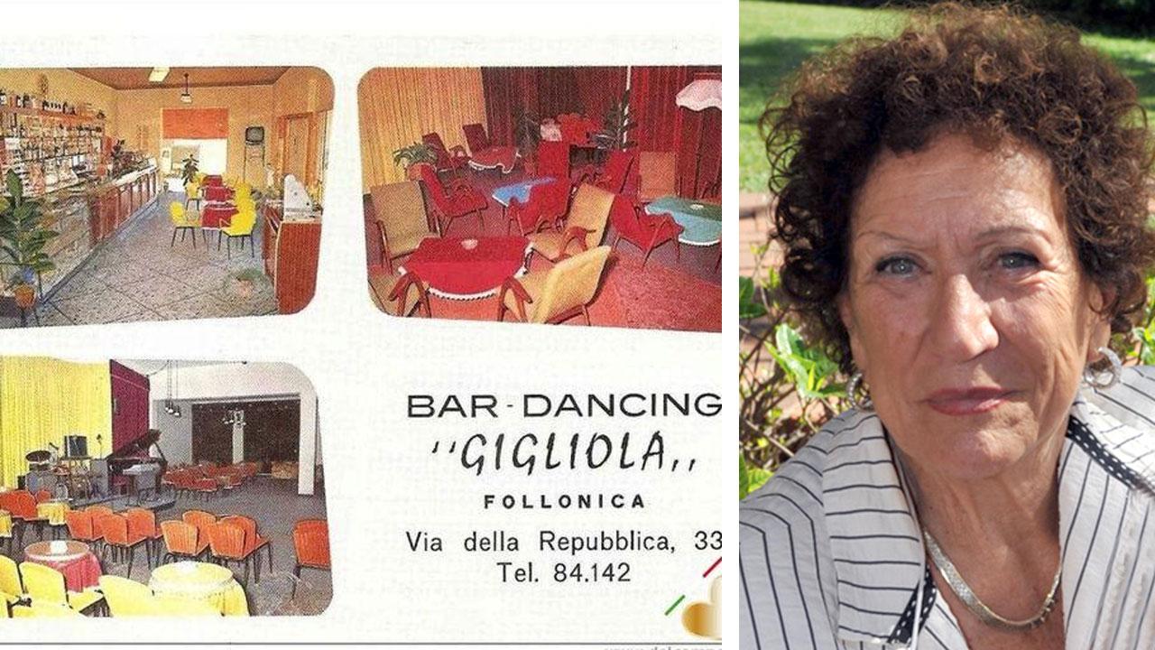 Gigliola Innocenti in una foto recente e accanto una cartolina pubblicitaria del suo locale