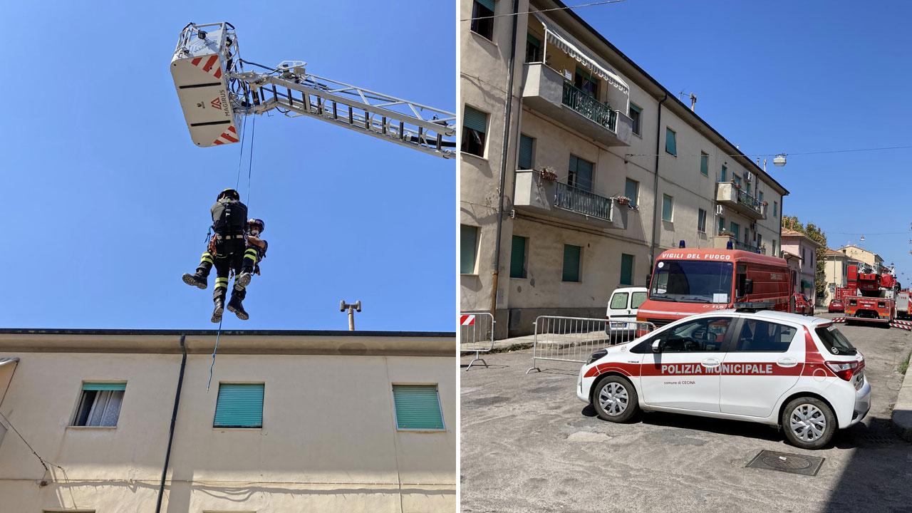 Tanta paura ieri mattina a Cecina in via Mascagni per il crollo di un tetto (foto Falorni/Silvi)