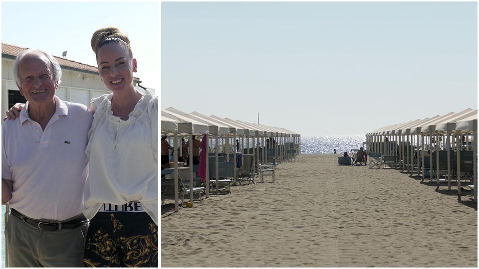 La titolare Claudia Iacomini col padre Giuseppe e lo stabilimento balneare “Brunella e Ada” di Lido di Camaiore