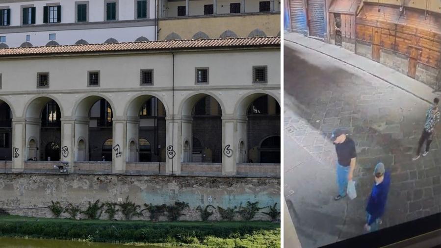 Il Corridoio Vasariano imbrattato e gli autori delle scritte vandaliche ripresi