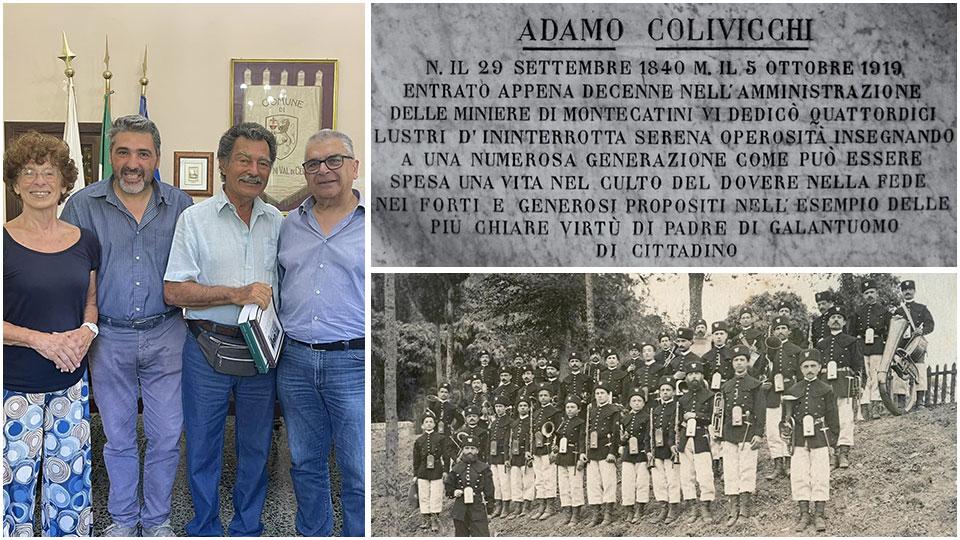 un momento dell’incontro in municipio, la lapide che ricorda Adamo Colivicchi e una foto storica della Fanfara dei minatori