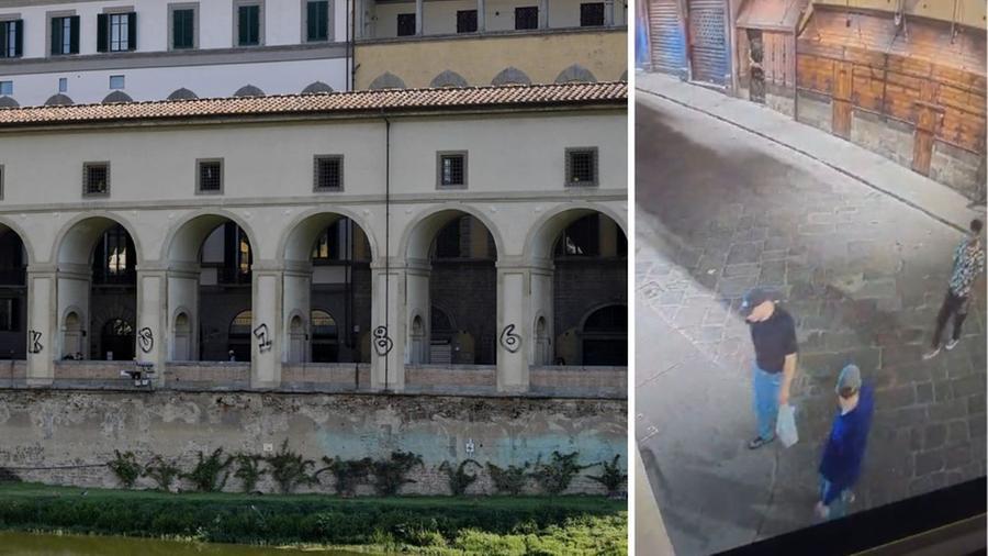 
	Il Corridoio Vasariano imbrattato e gli autori delle scritte vandaliche ripresi

