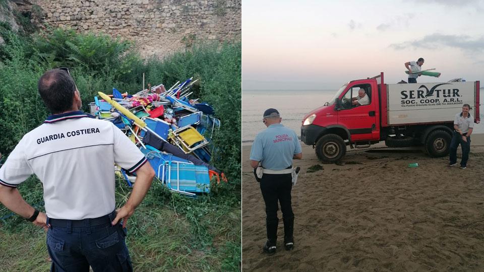 Orbetello, ombrelloni selvaggi: scatta il blitz, rimosse 300 attrezzature da mare