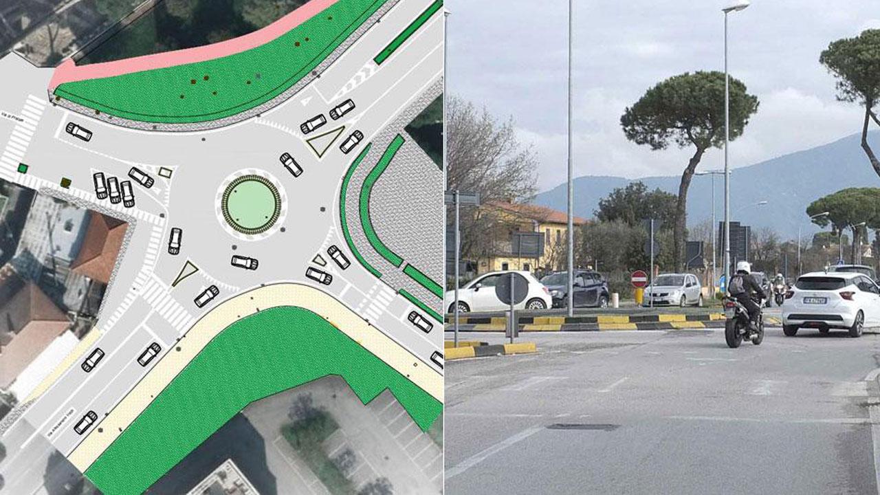 Nella foto il progetto di sistemazione della rotatoria e, a destra, uno scorcio della rotonda tra la Calcesana (via Vicarese), via di Pratale, via Volpi e via Moruzzi
