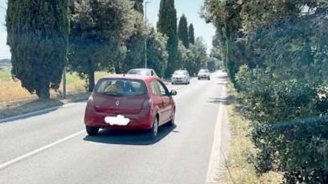 Via dei Melograni a Marina di Bibbona dove non c’è spazio per i pedoni in arrivo dalla stazione di Bolgheri