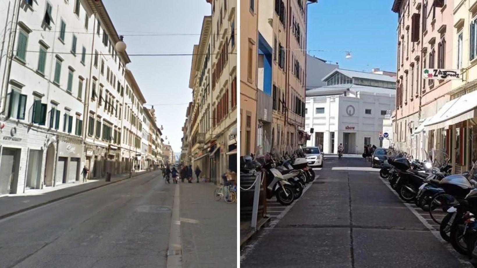 A sinistra via Sardi, a destra via Ricasoli a Livorno