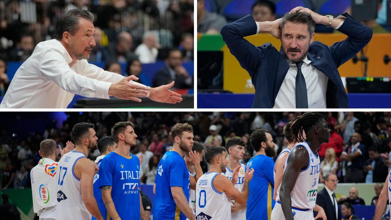 In alto a sinistra coach Banchi, tecnico che ha realizzato l'impresa con la Lettonia; a destra Pozzecco, tecnico dell'Italia; sotto la squadra azzurra
