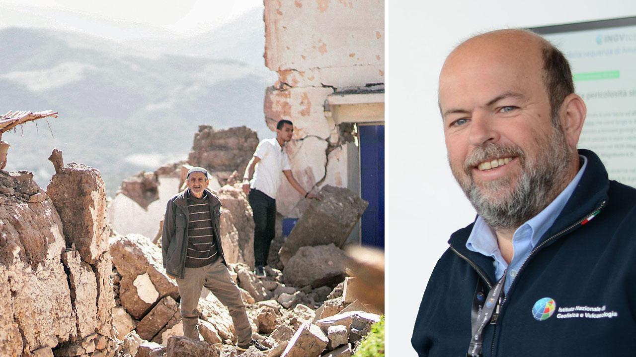 Una immagine del terremoto e a destra Carlo Meletti, sismologo