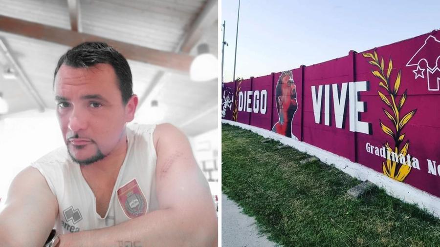 A sinistra Diego Savelli, morto a 41 anni nel settembre del 2022; a destra il murale per ricordarlo allo stadio comunale di Pontedera 