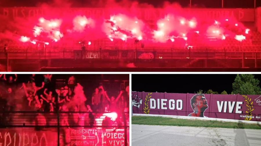 
	Le immagini della commemorazione di Diego Savelli allo stadio e il murale all'interno del Mannucci in ricordo del 41enne scomparso nel 2022

